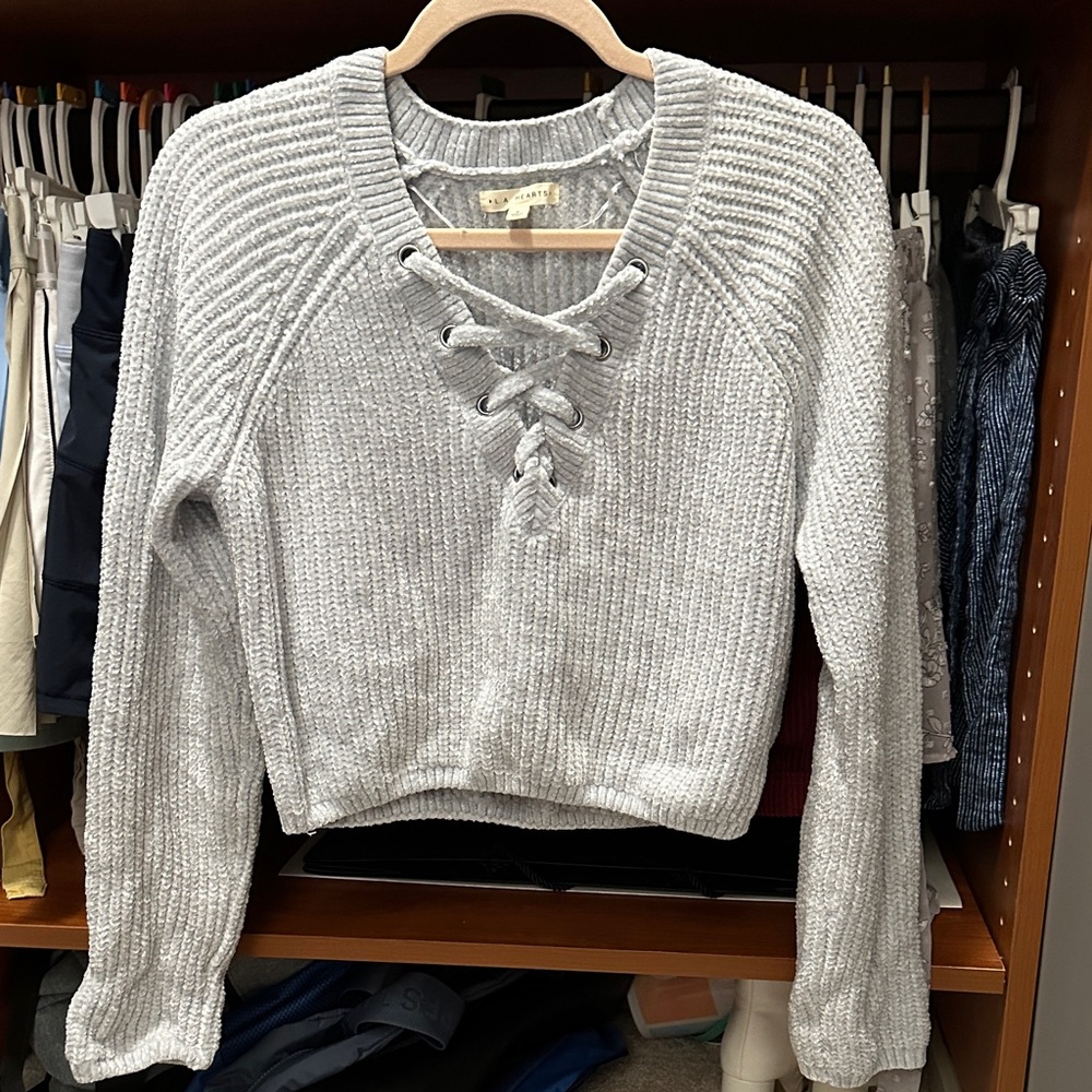 La Hearts Light Gray Lace-Up V-Neck Sweater